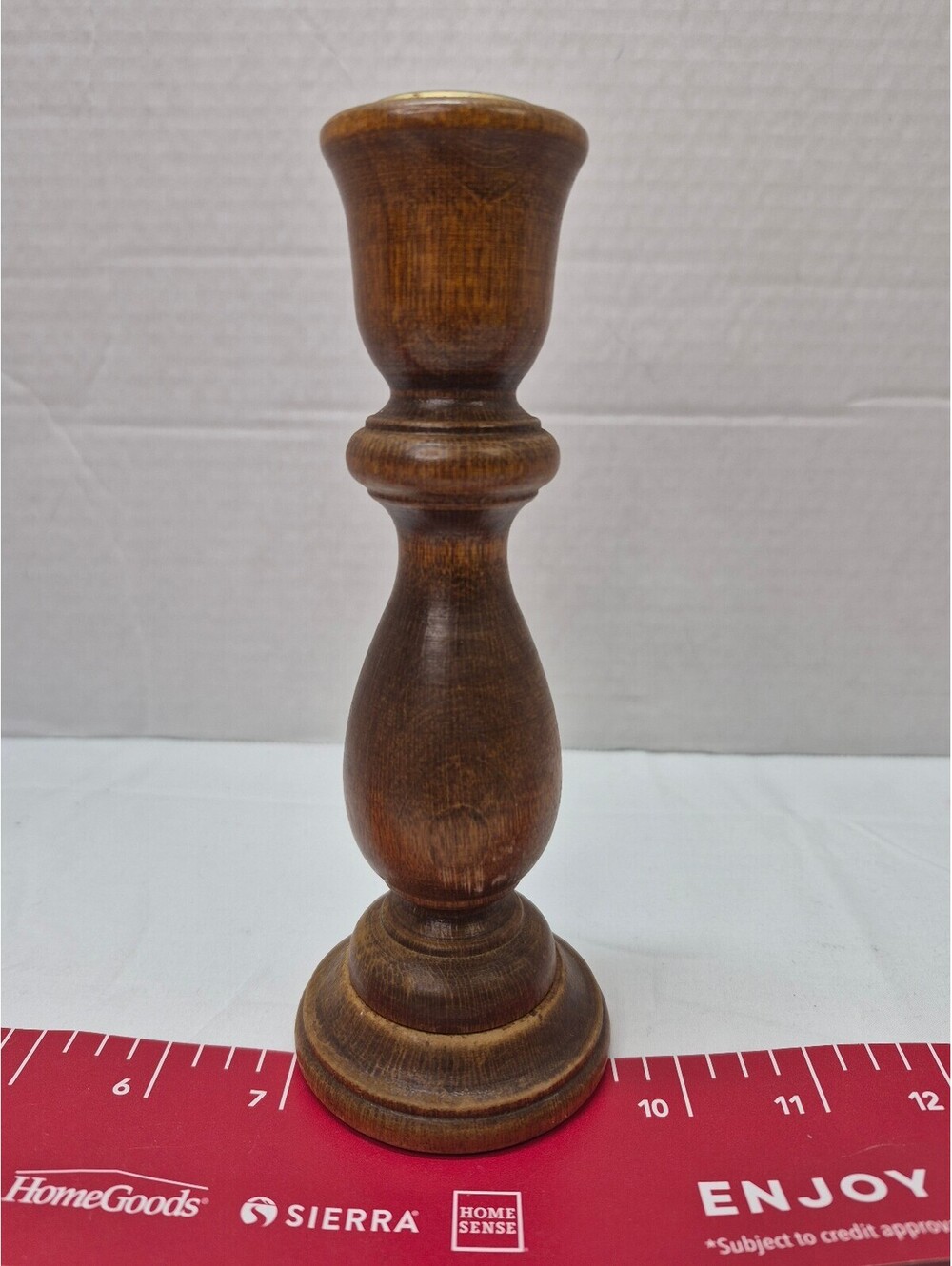 Vintage Wooden Candle Holder with Brass Accent, 8.5 Inches Tall J113